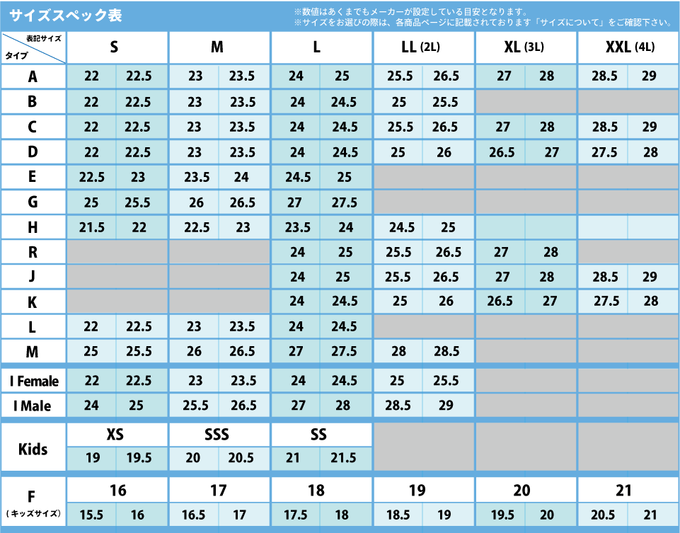 RegettaCanoe/サイズスペック表